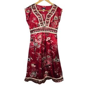 Wet Seal Y2K Asian Inspired Red Floral Print V Neck Cap Sleeve Midi Dress Size S